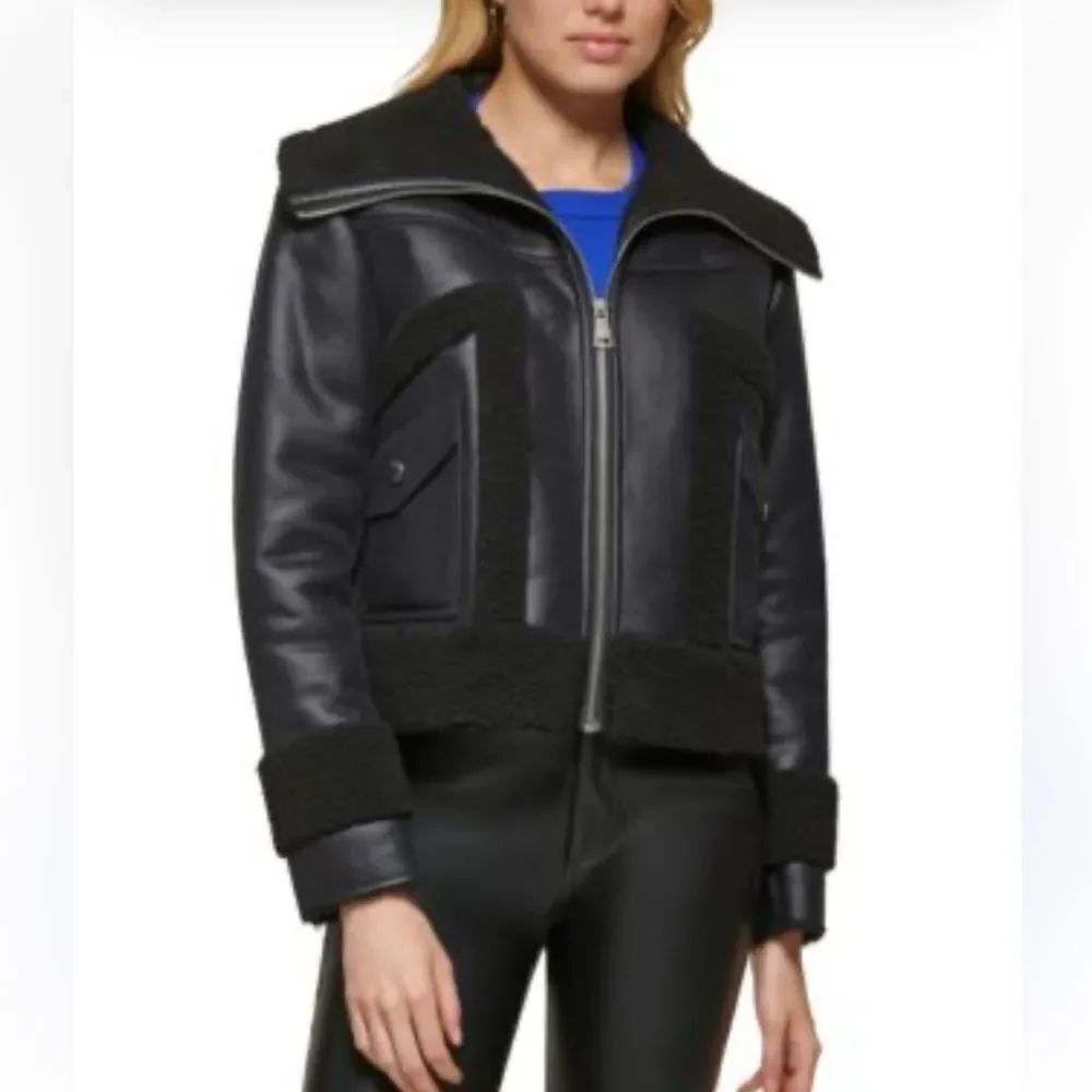 DKNY Black Faux Leather Fleece Lined Zip Up Jacket